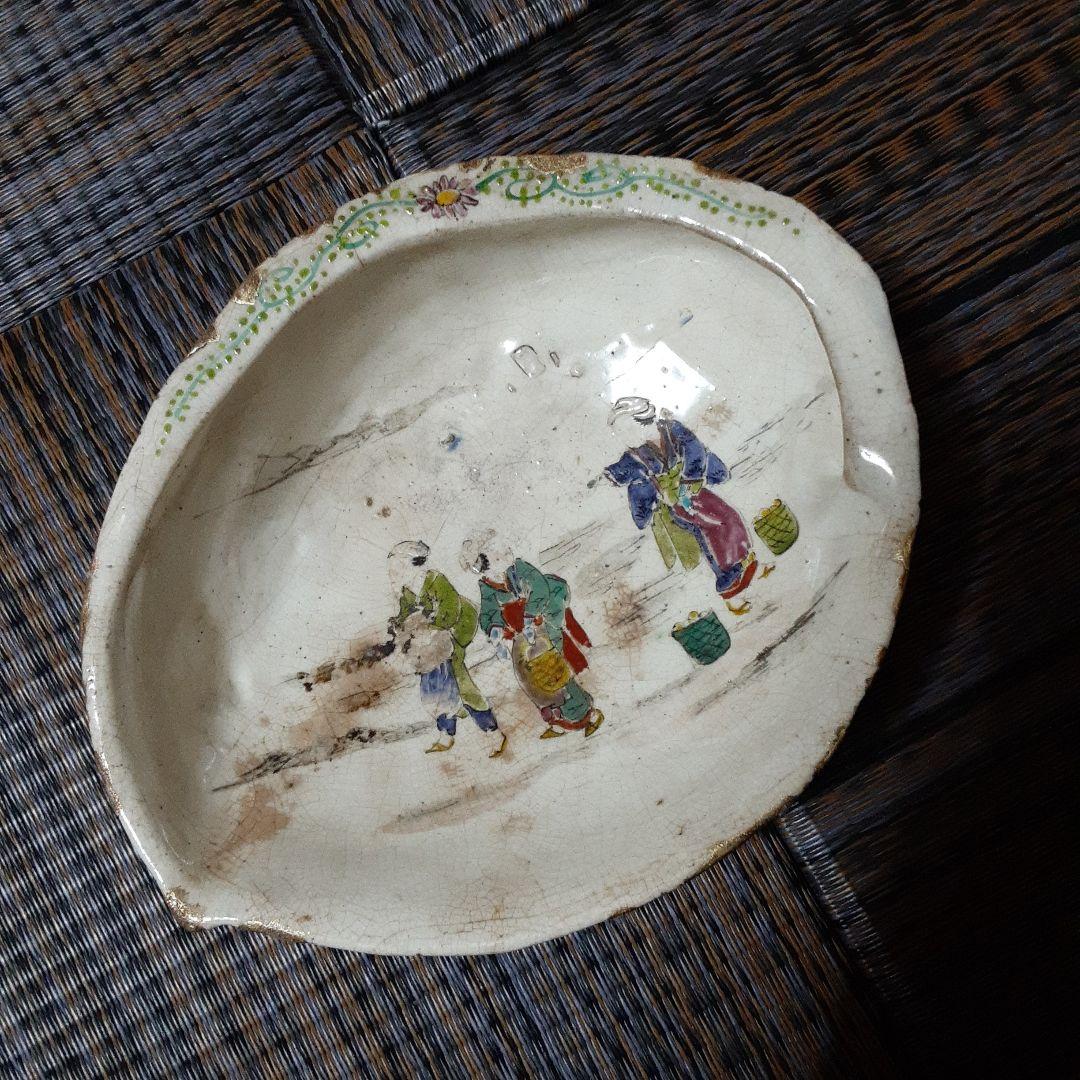 古い伊万里色絵鮑変形皿/金継江戸明治骨壷/手描五十三次囃子大原女/栄螺貝大鉢皿