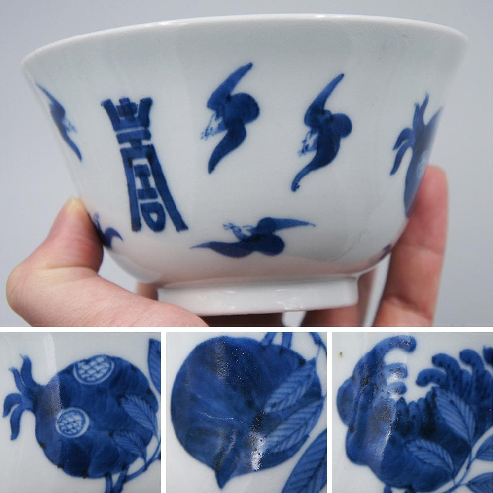 【瓷】　★ 瓷器 青花福寿三多紋碗 ★　清中期　柘榴 仏手 染付文様　明清磁器