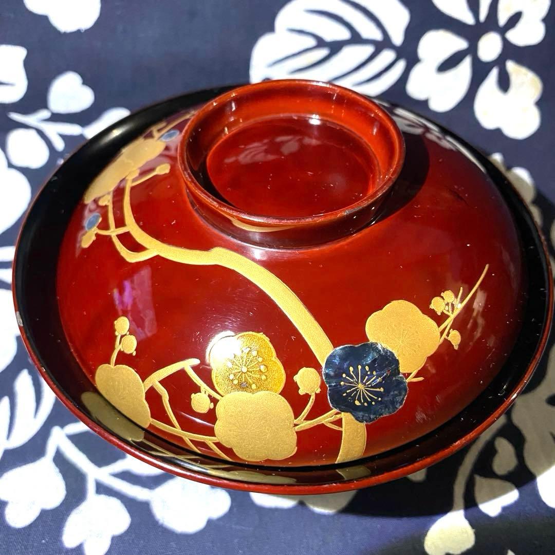 大正時代物骨董　天然木製漆器椀　梅柄金蒔絵・螺鈿　外朱内黒　菓子椀・雑煮椀　二客