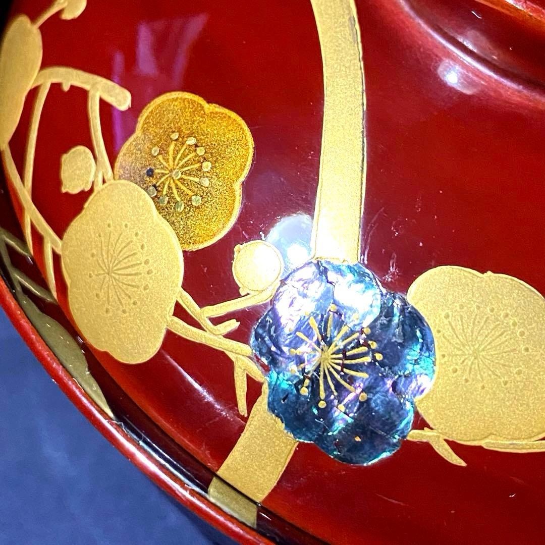 大正時代物骨董　天然木製漆器椀　梅柄金蒔絵・螺鈿　外朱内黒　菓子椀・雑煮椀　二客