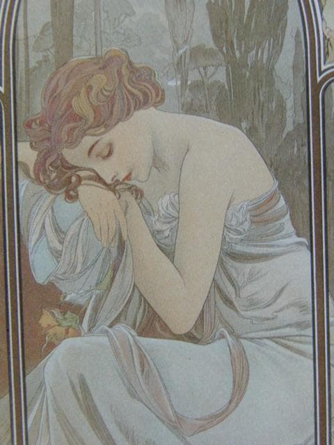 アルフォンス・ミュシャ、夜の安らぎ、連作〈四つの時の流れ〉より、希少な画集より