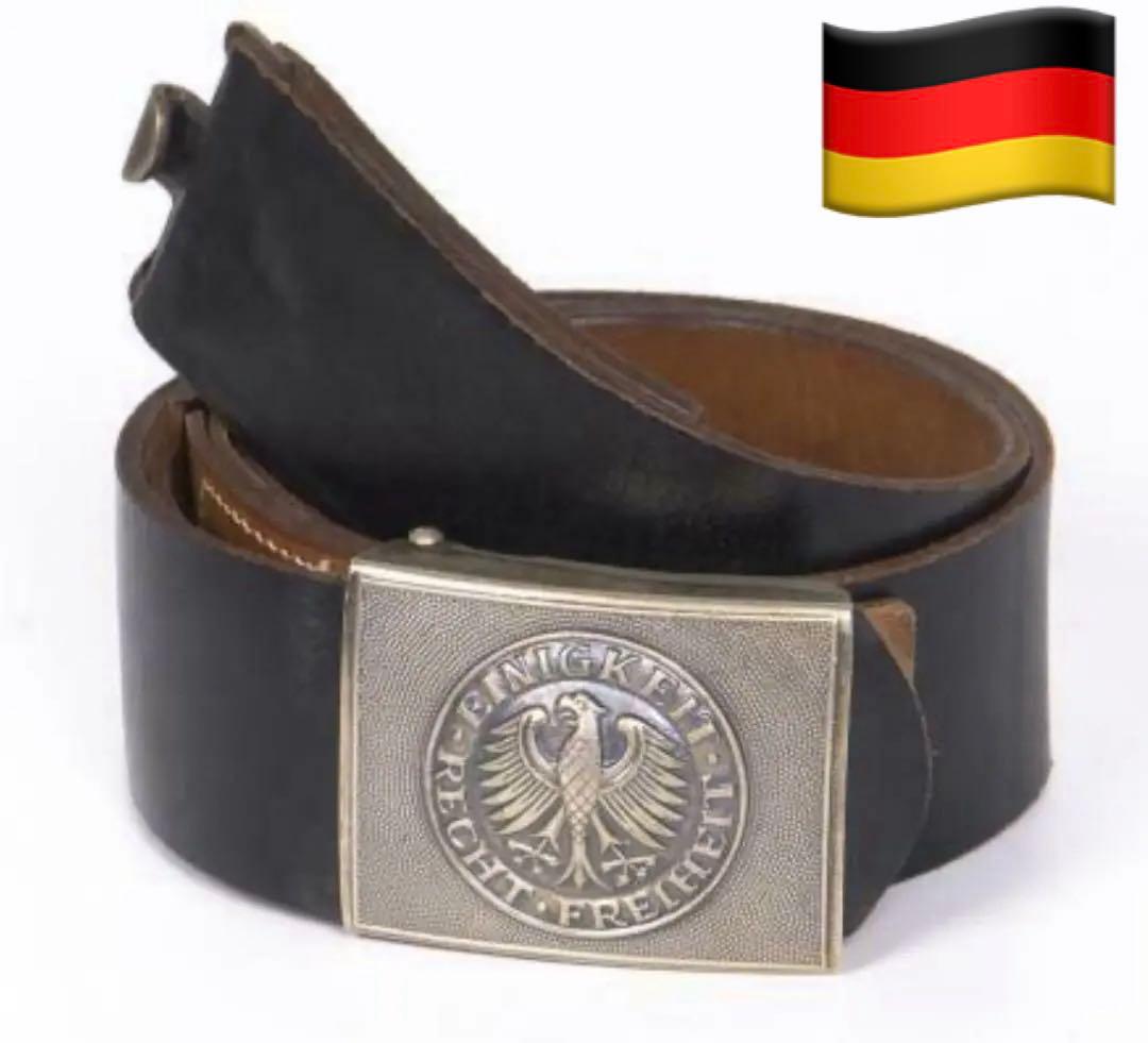 実物　西ドイツ軍　黒レザー 黒鷲アドラーの紋章バックル 外ベルト　統一と自由