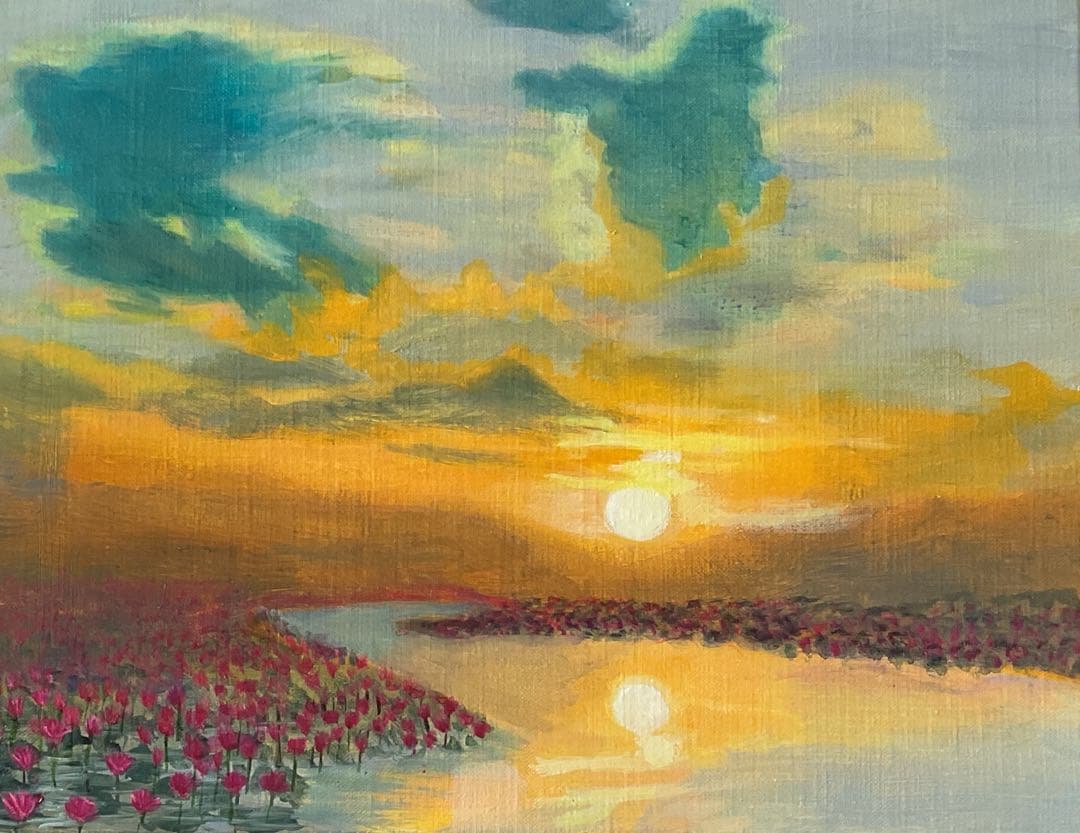 油彩画　［　夕日に映える　」F6号　原画