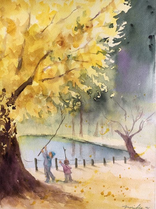 水彩画原画風景画称名寺　金の森の子どもたち