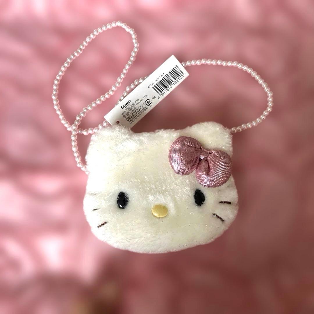 希少‼️ハローキティ ラメ入りふわふわバッグ ピンクパールストラップ付き ポーチ