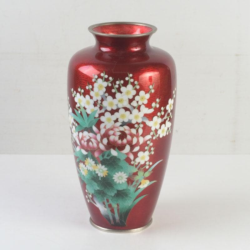 七宝焼　赤透釉　四君子文　花瓶　V　9699A