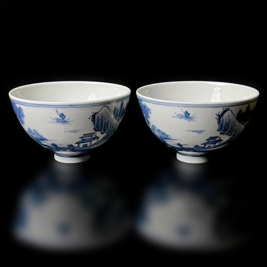 唐物 青花楼閣山水人物紋碗 一対 大清乾隆年製 款 煎茶碗 美術古玩 SH28