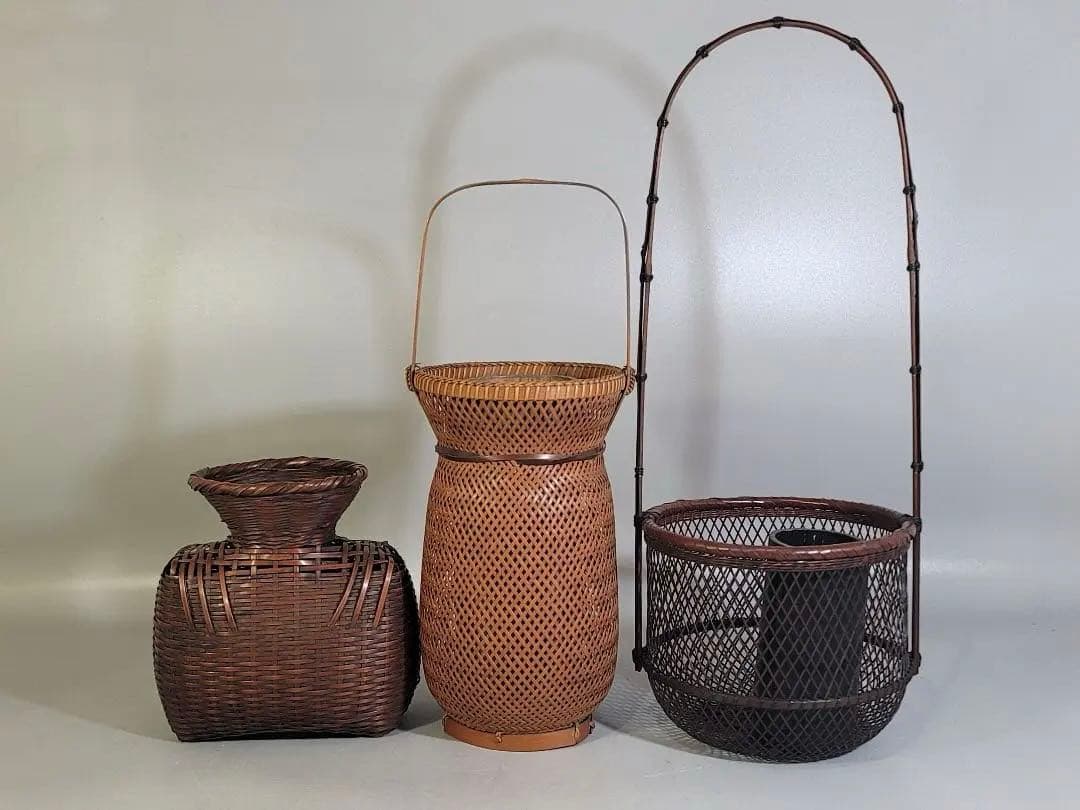 DT532 竹籠 花生 三件 在銘 作家物