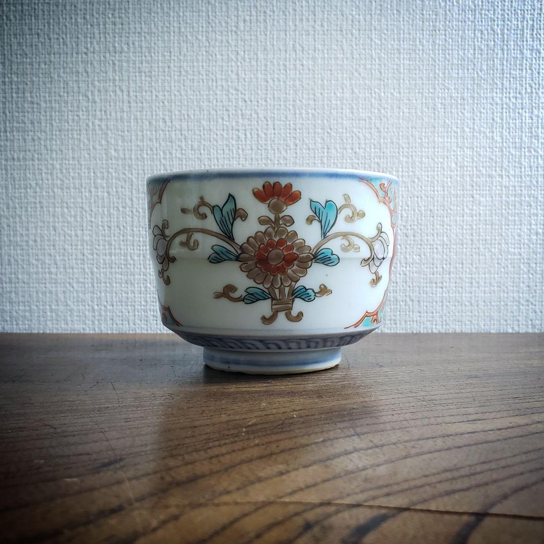 蕎麦猪口　向付　5客　古伊万里　変わり形　赤玉　花束　唐草　色絵付　金彩　ニュウ
