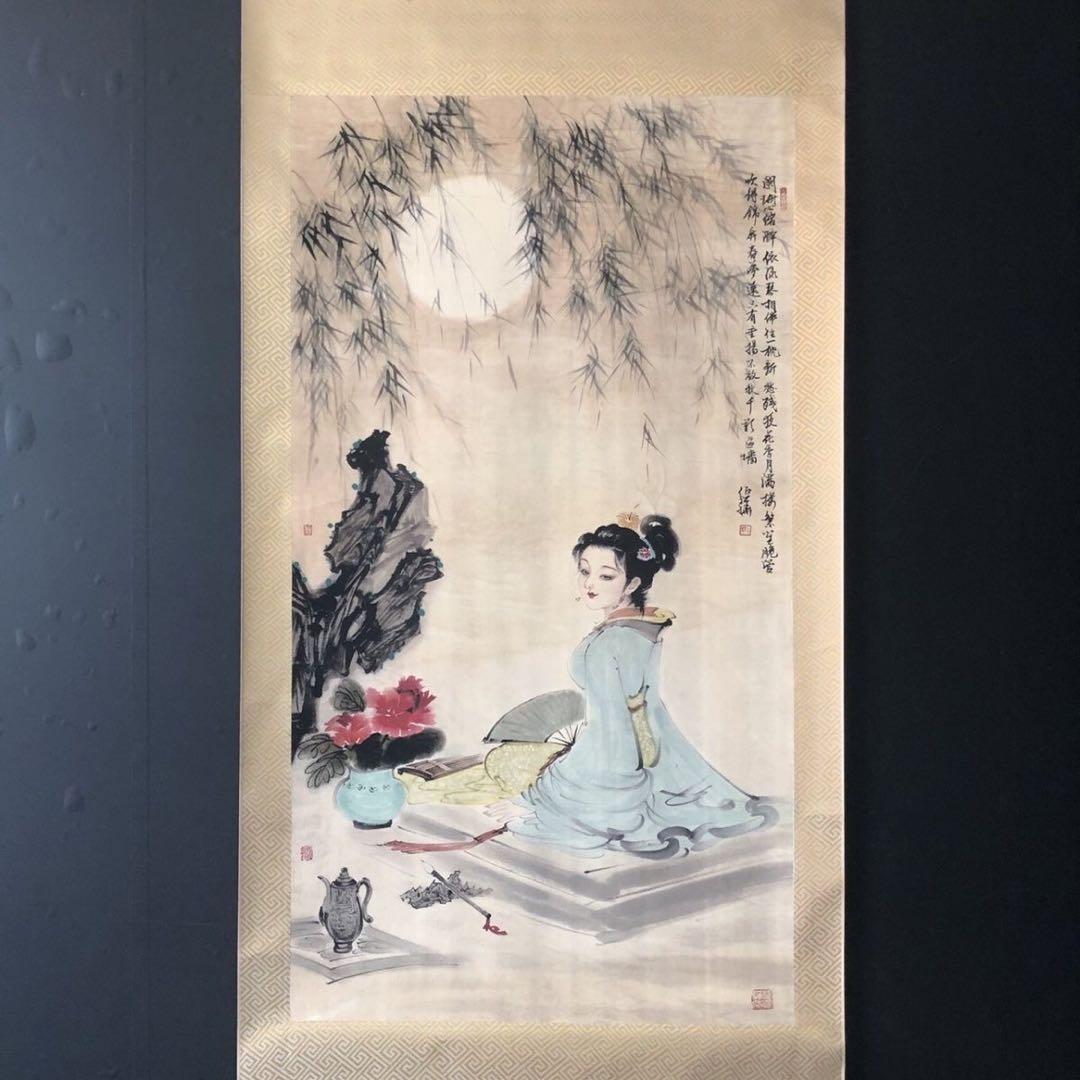 白伯骅『月柳含怡』　三尺中堂掛軸　美人画　掛け軸　サイズ174×77cm