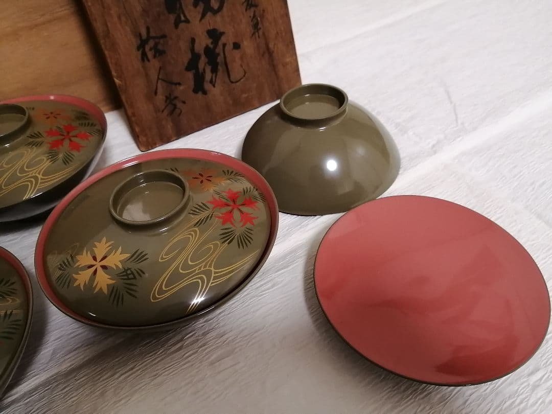 作家物　輪島　吸物椀　草花　観世水　五客　金蒔絵　木箱　茶道　懐石