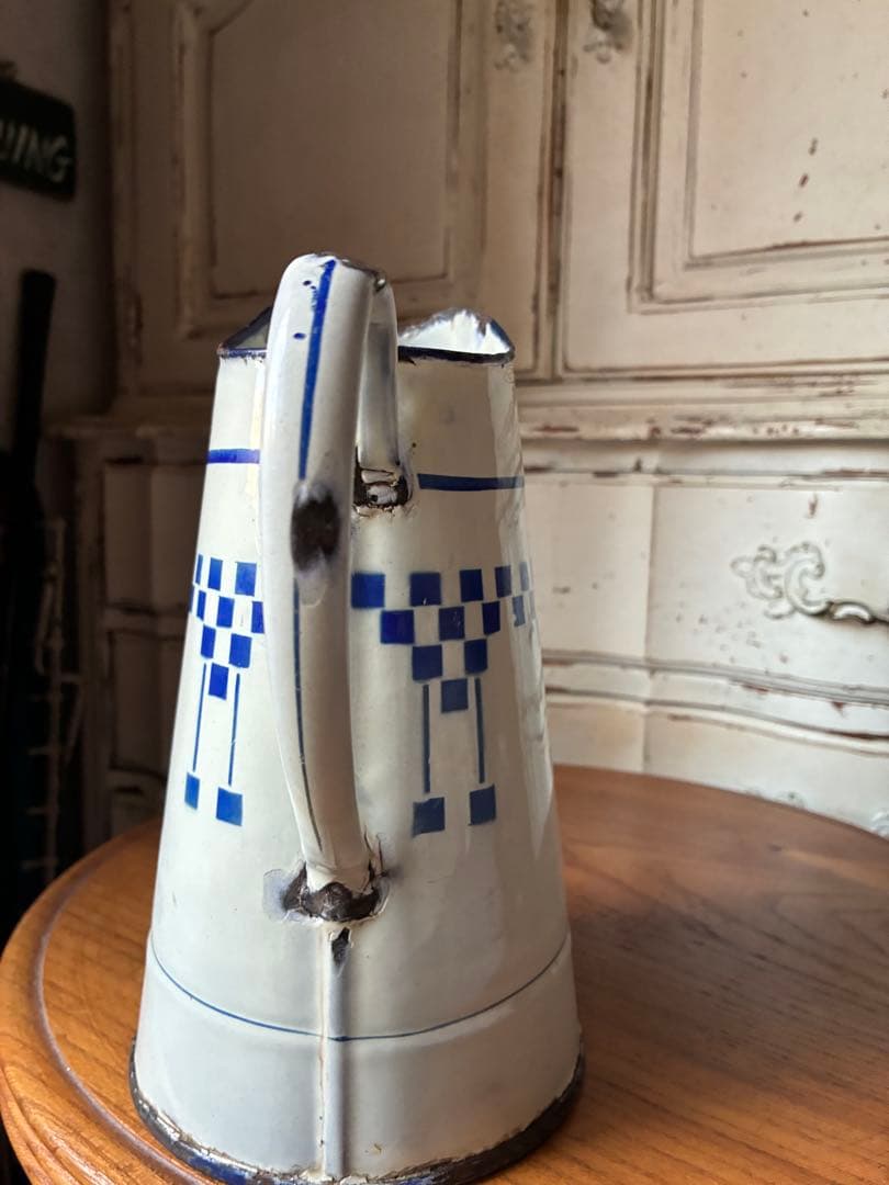 フランス　アンティーク　ホーロー　ジャグ　ピッチャー　水差し　市松　ダミエ