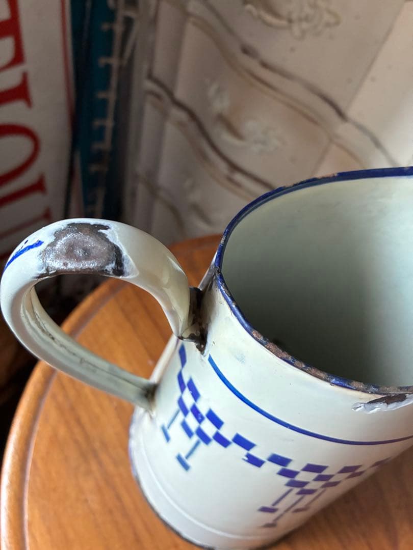 フランス　アンティーク　ホーロー　ジャグ　ピッチャー　水差し　市松　ダミエ