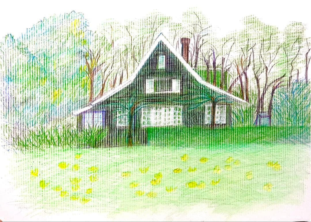 真作　家と自然のパステル画　画家壮風作品　癒　35センチ×25センチ額なし