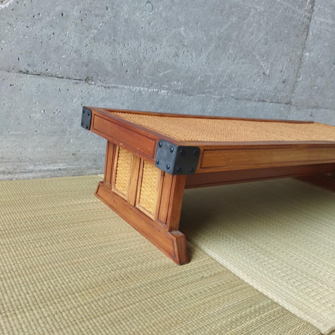 昭和レトロ ローテーブルセンターテーブル籐織りパネル付き ワークデスク 古家具