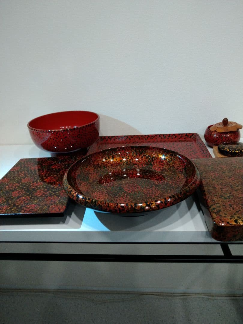 津軽塗　漆器セット 花模様 赤黒　7点