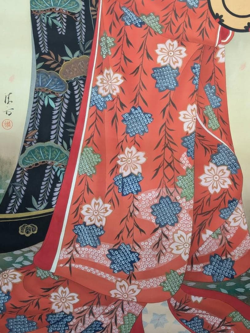 【真作】掛軸　艶やか美人画　花魁図　桜と花魁の華やぎ　二重箱入（合箱）　R138