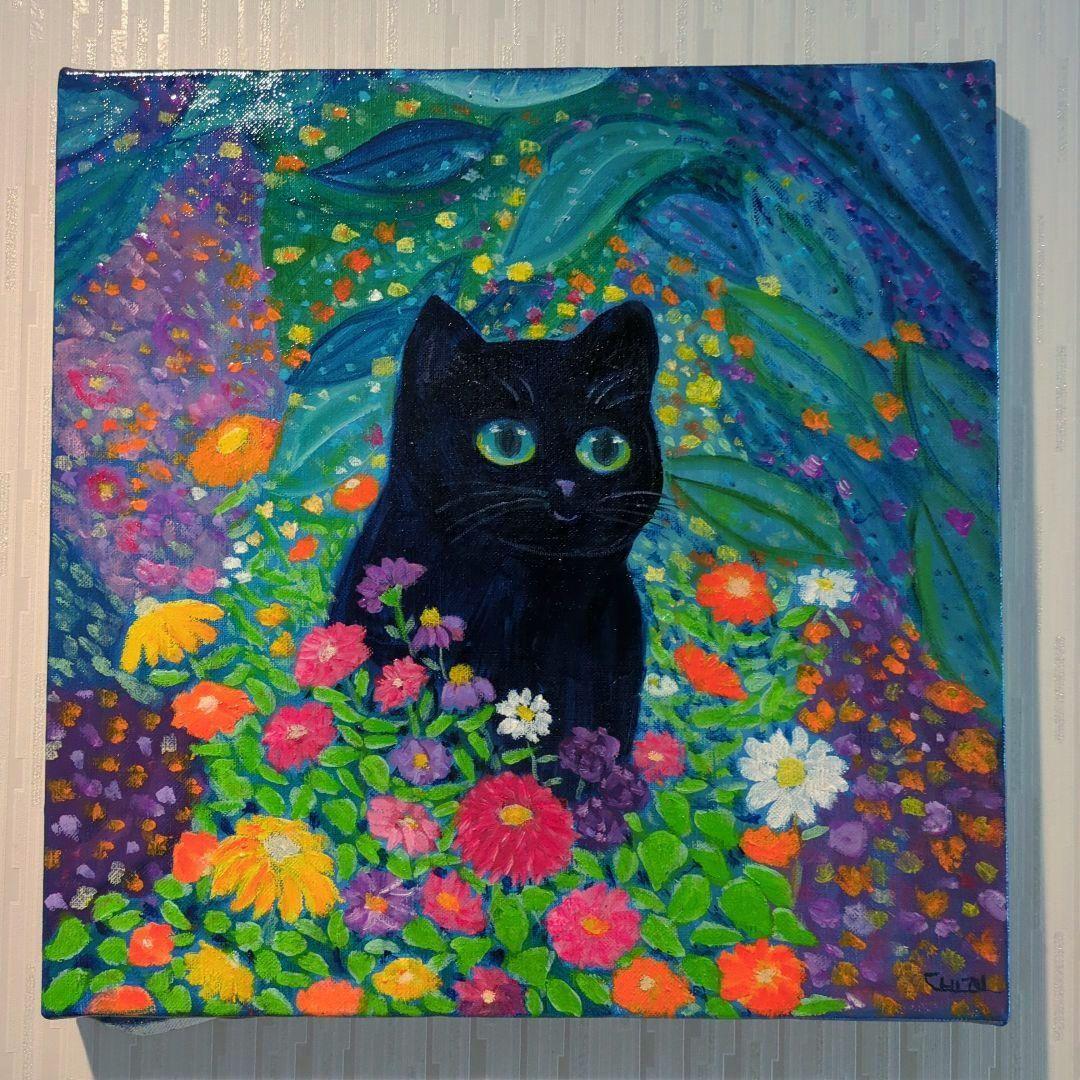 キャンバス油絵　専用   黒猫ガーデン　クリムト風フラワーガーデン