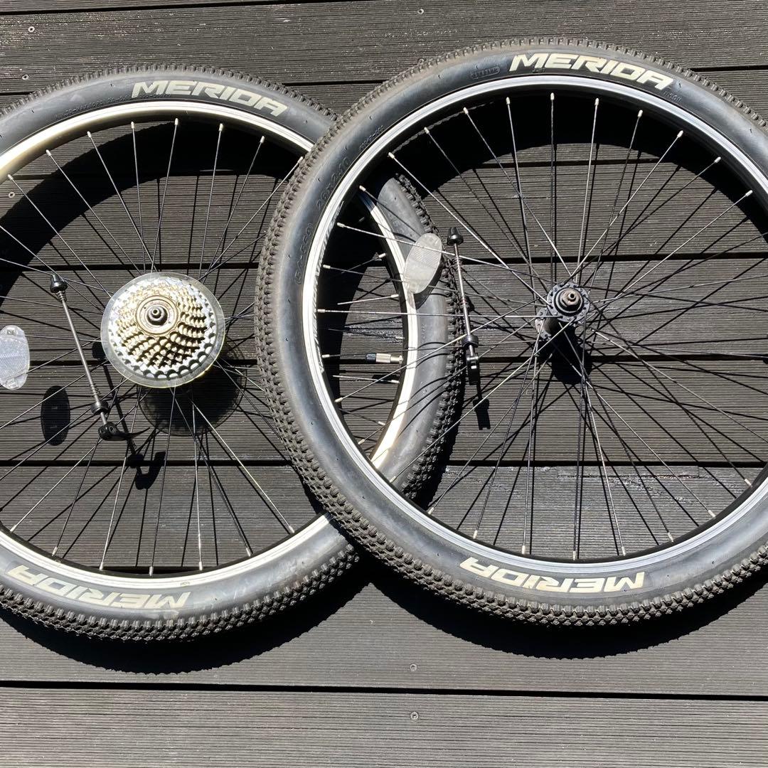 26インチMTB前後タイヤホイール（リア7速フリー、米式バルブアダプタ）セット