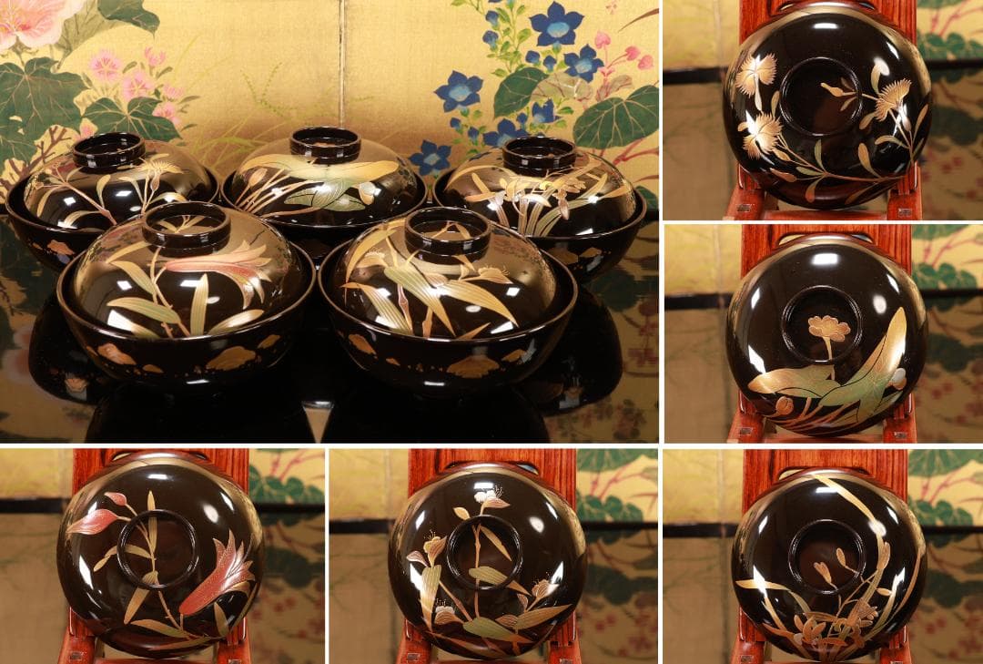 Akiko　輪島塗　図替わり　草花蒔絵　吸物椀　五客　木製　BJ118