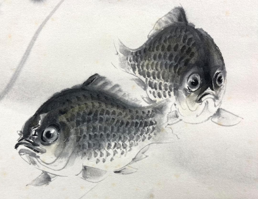 田中案山子／田中以知庵師事「鮒」掛軸 紙本 金泥 共箱