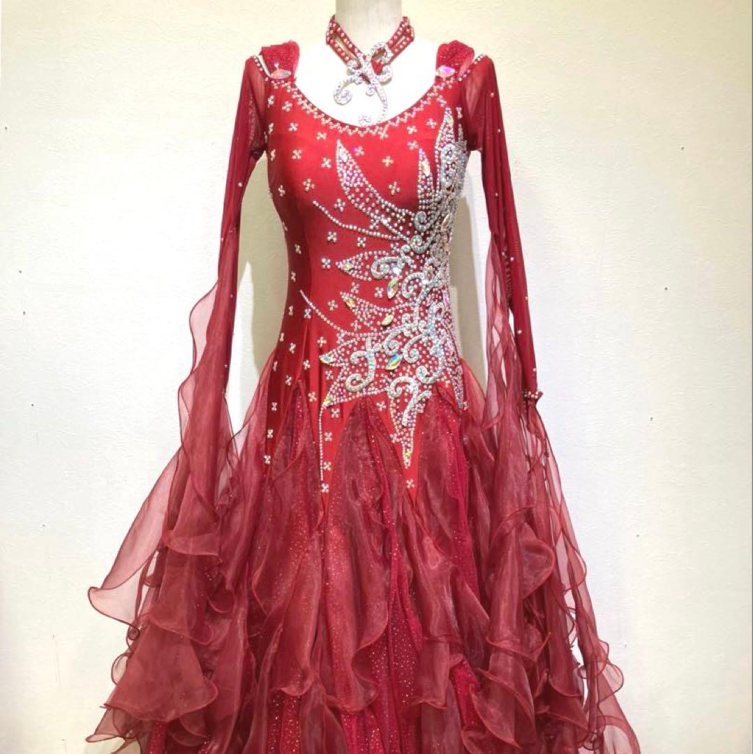 社交ダンス　スタンダードドレス　モダンドレス　赤　スパンコール