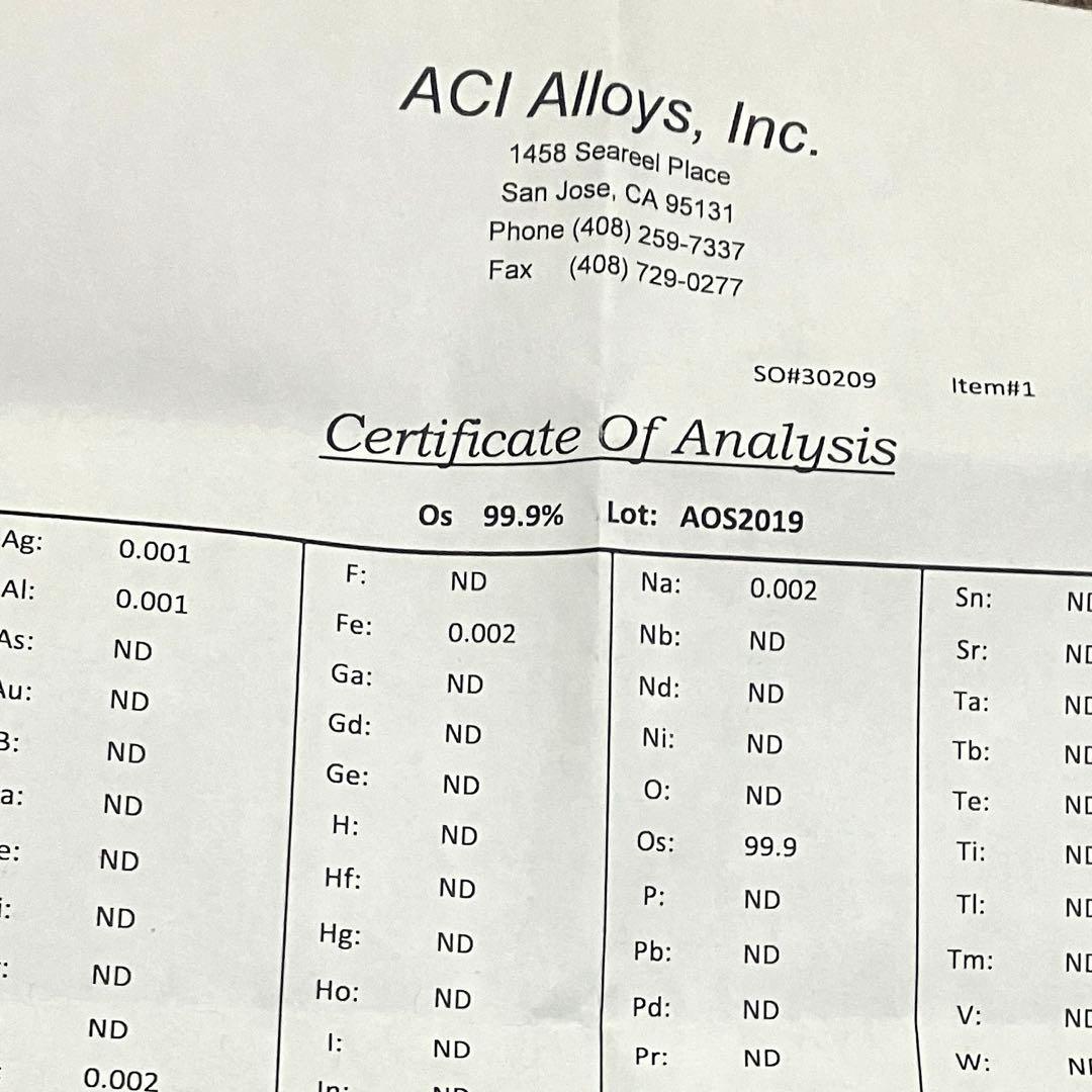 希少Os オスミウム 31.7ｇ　99．9％　ペレット　レアメタル　成分分析表付