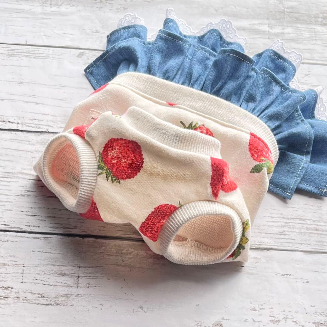 【オーダー】紅いちご×デニムフリルスカートのセットイントレーナー犬服