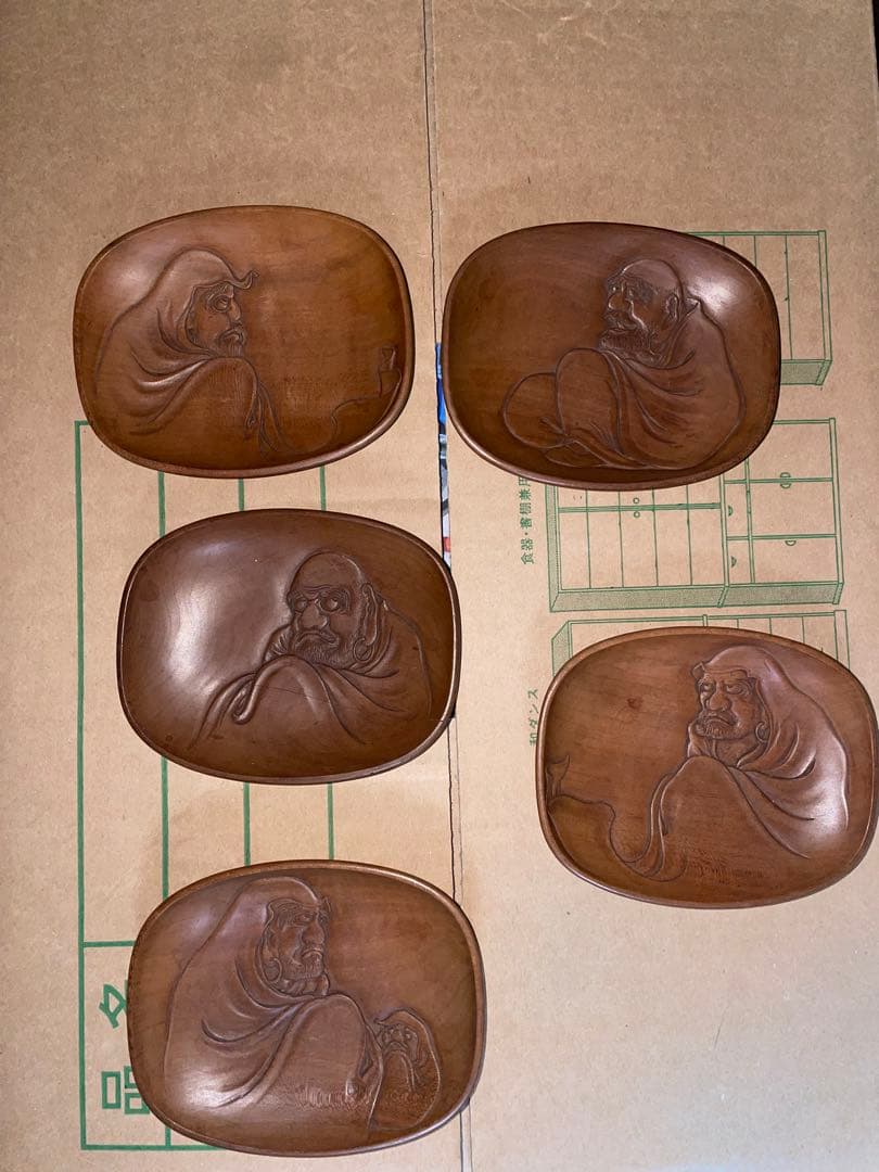芳嶺　菓子皿　茶器　杉浦芳嶺　達磨？　木製 茶托 5枚　煎茶　彫刻
