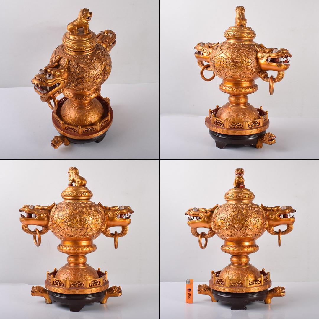 中国　玉石彫　彩色鍍金　神獣　大香炉　重さ約14㎏ V 4108C