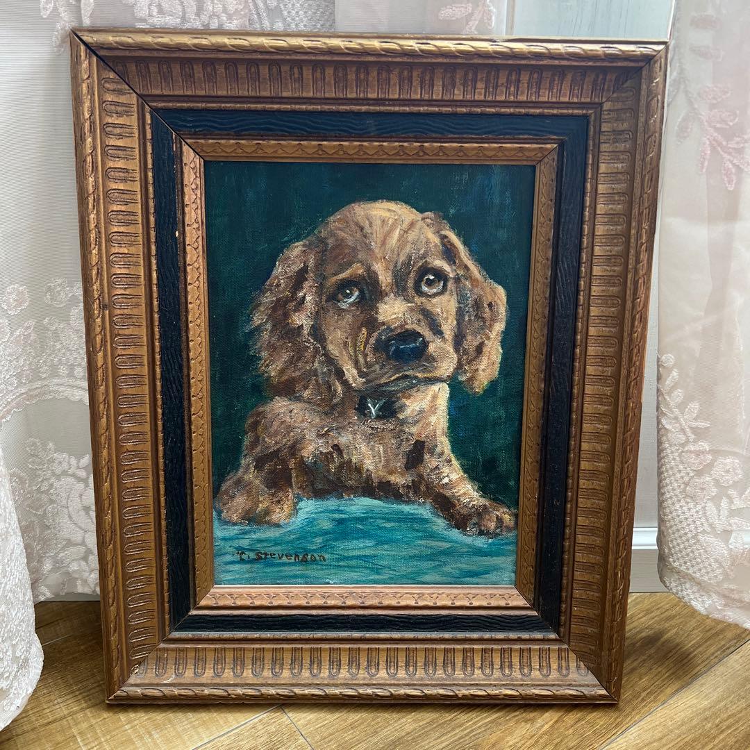 アンティークの犬の油彩画 ＊油絵