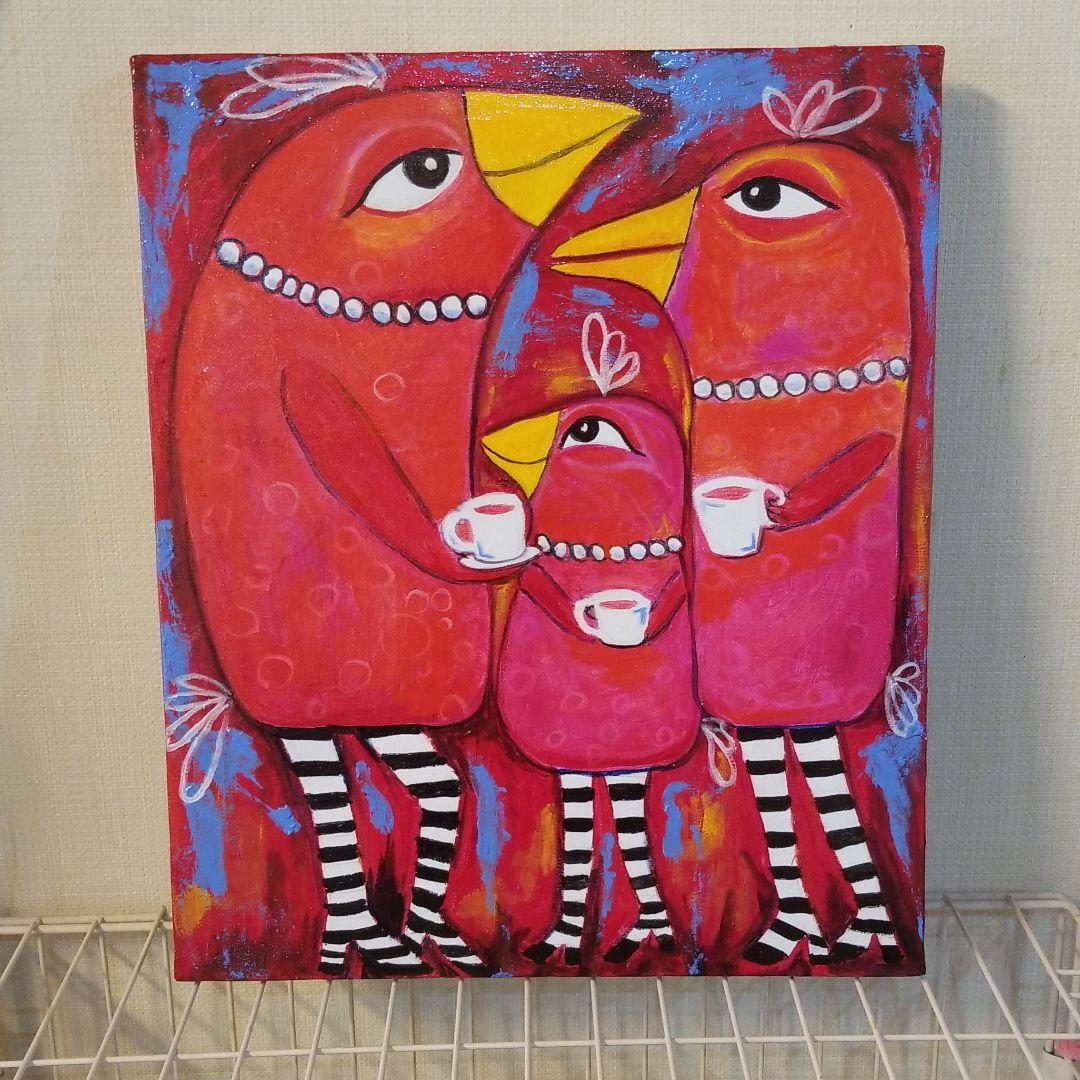 油絵　ロンロンロン　鳥の家族のティータイム