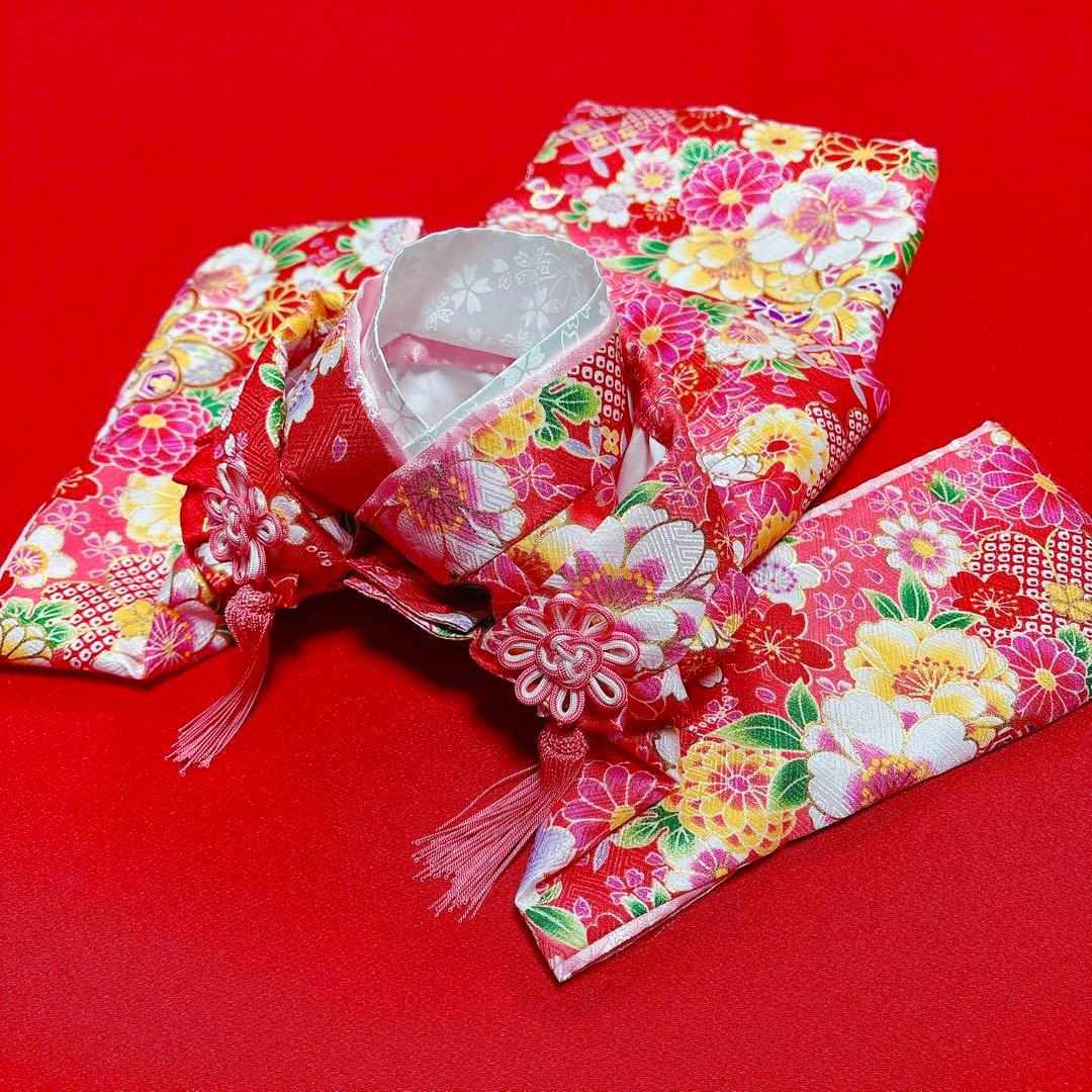 即納✨犬の着物&お被布セット 振袖 M 赤地 化繊金彩入り 七五三 犬服