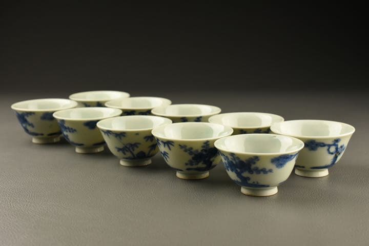 「大明成化年製」南京焼 松竹梅染付 煎茶碗 十客 在銘/箱付/煎茶道具