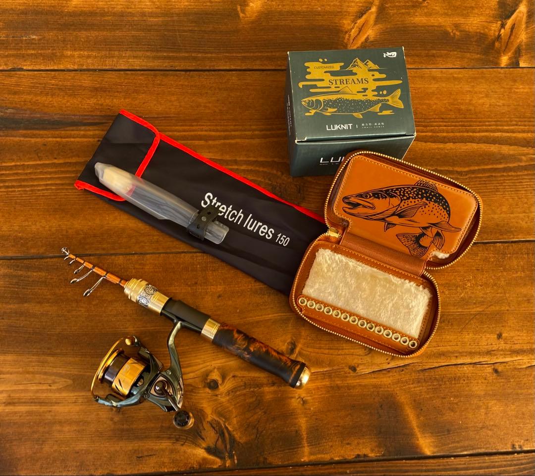 渓流釣りセット　トラウトロッド　スピニングリール　ウッドノブ　天然木グリップ