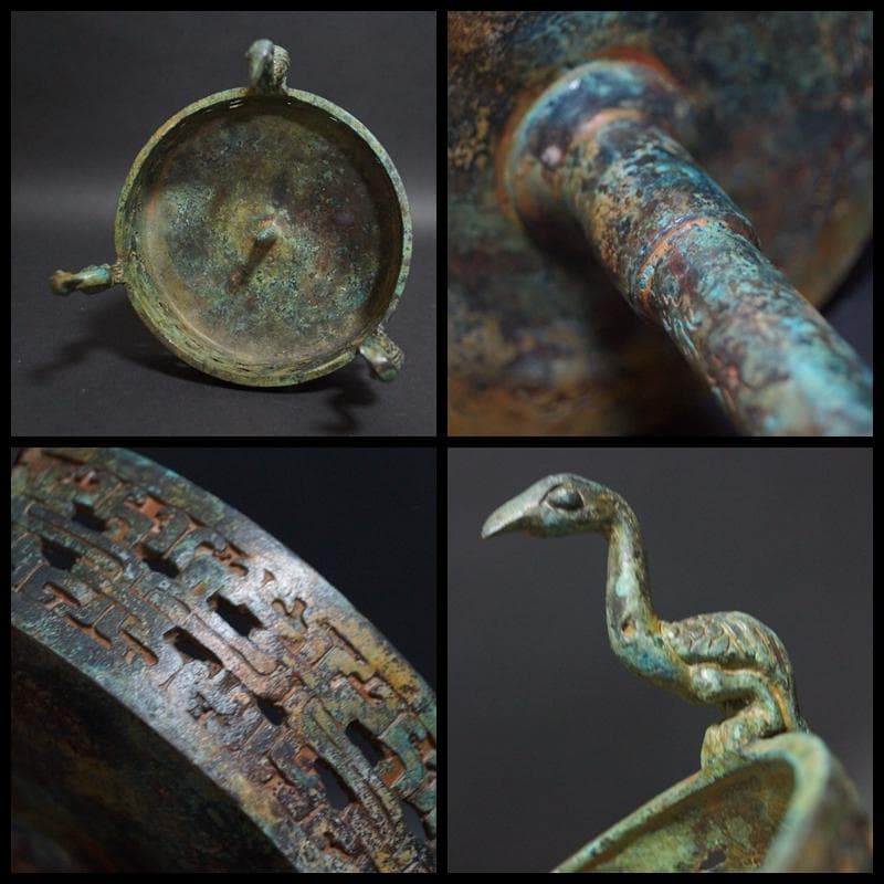 大型青銅製金工細工 戦国『鳳凰双翼獣 燭台像』迫力あるオブジェ瑞獣灯台高39ｃｍ