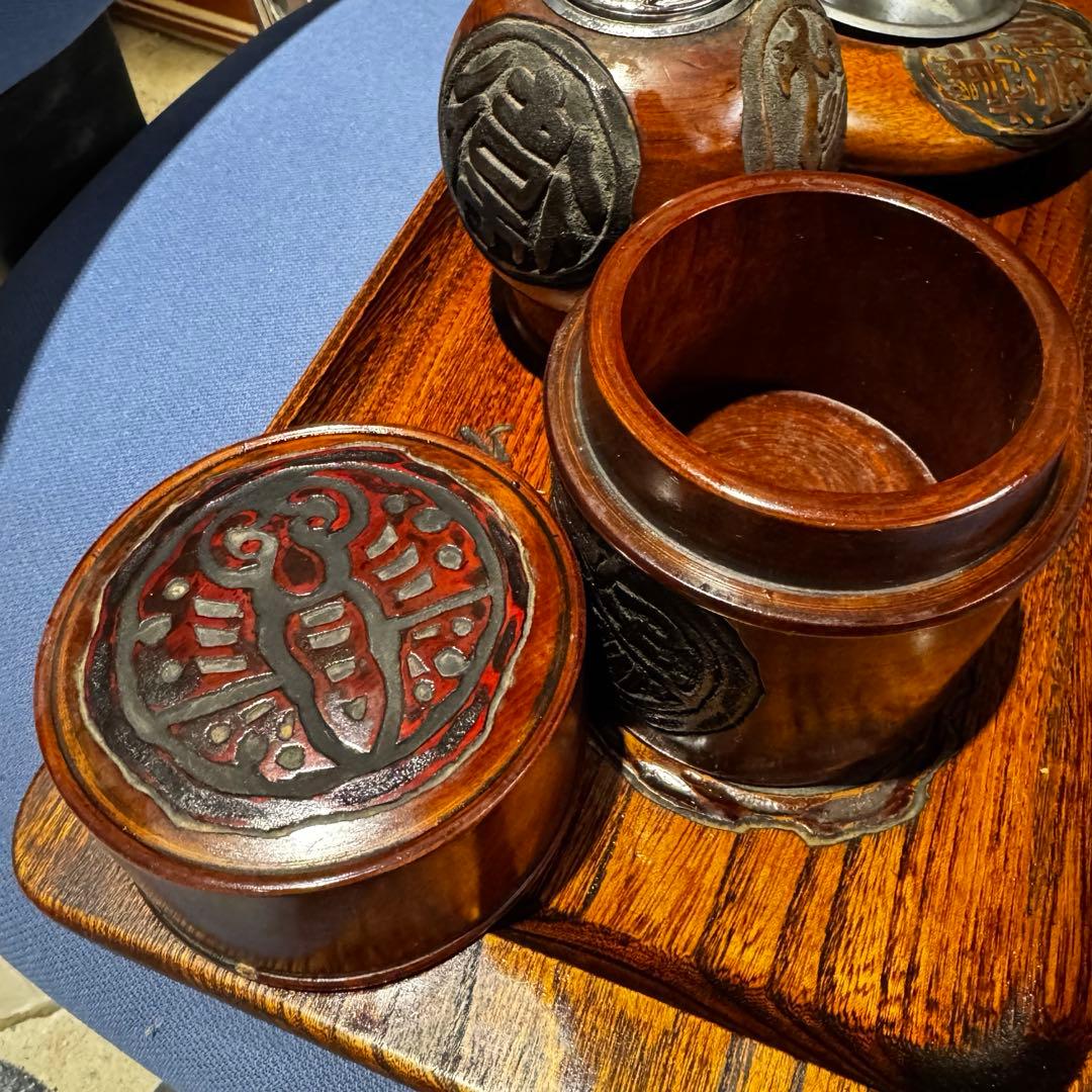 ⚫️ 煙草盆 喫煙具 セット 伝統 木彫り 烏城彫 アンティーク 昭和レトロ 希少