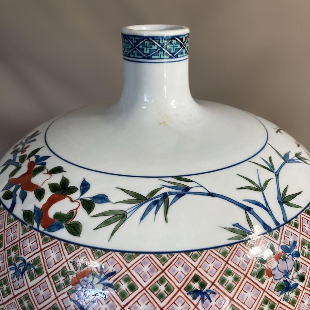 【源右衛門】古伊万里の伝統　日本名窯　舘林源右衛門作　染錦松竹梅柘榴地紋　大花瓶