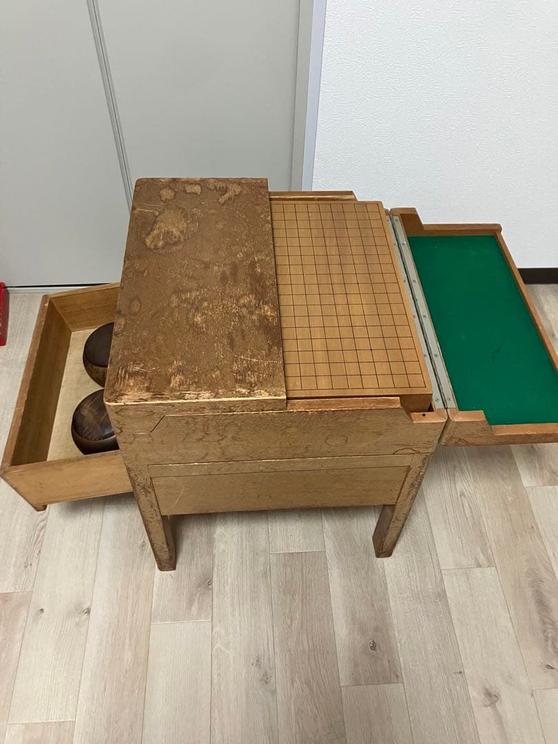 木製囲碁盤＋観音扉付き収納台　白黒碁石・木製碁笥付き　実用向け