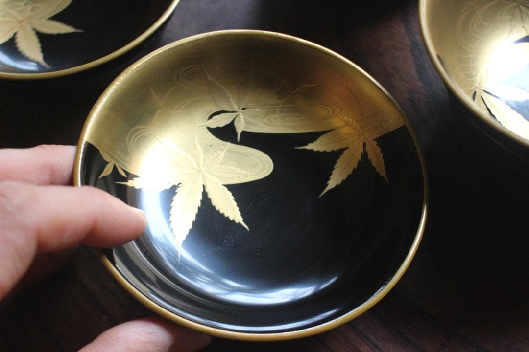 時代逸品！端正な金縁黒漆に極上竜田川蒔絵の映えるお椀2点（検京塗蒔絵椀