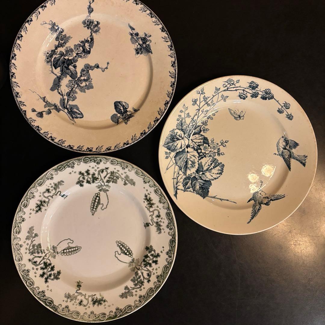 フランスアンティークプレート 3枚セット ラズベリー・小鳥・ボタニカル・小花柄