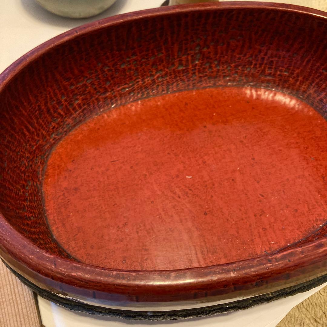 アンティーク漆器製赤色楕円鉢1個中型
