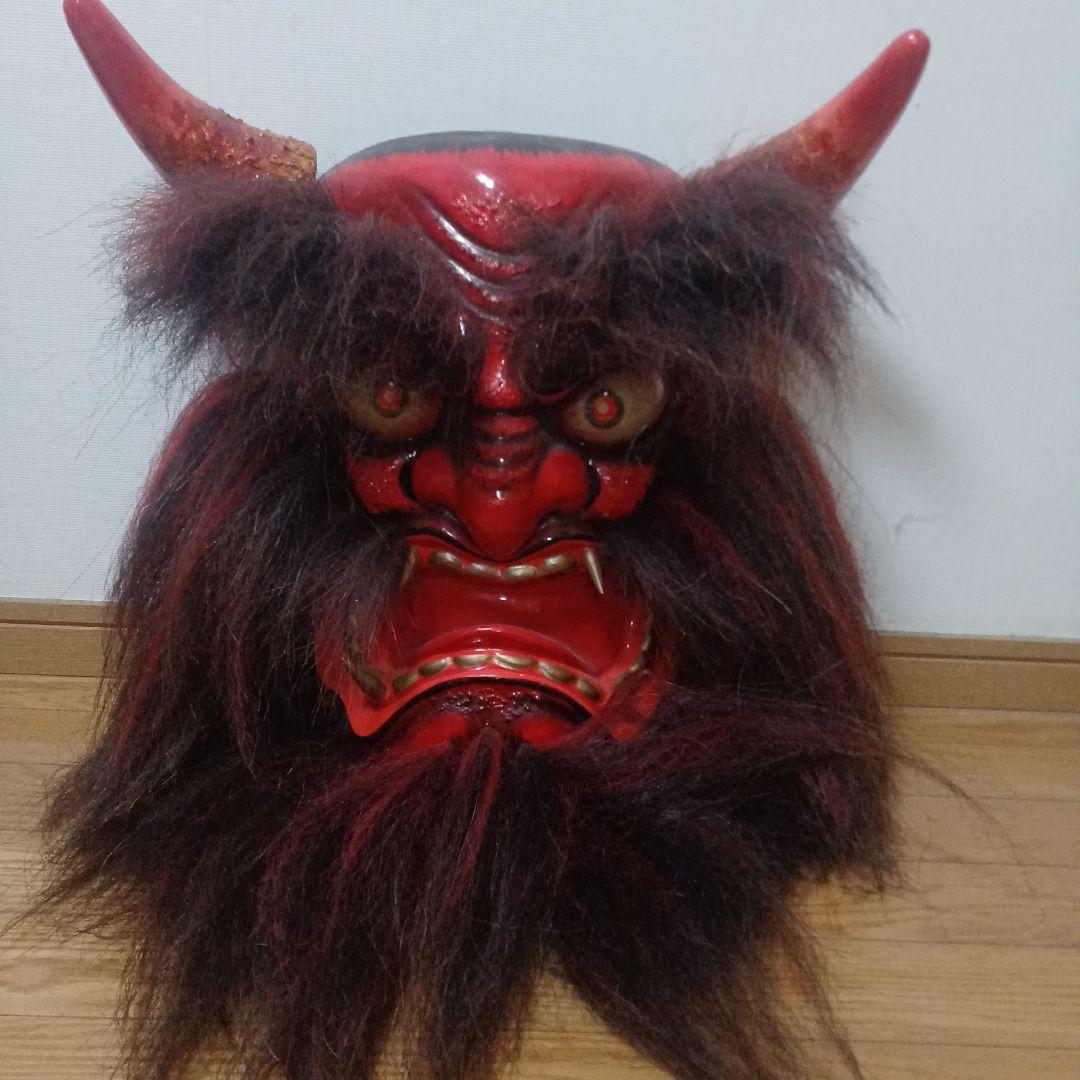 赤い神楽面 角付き 木製