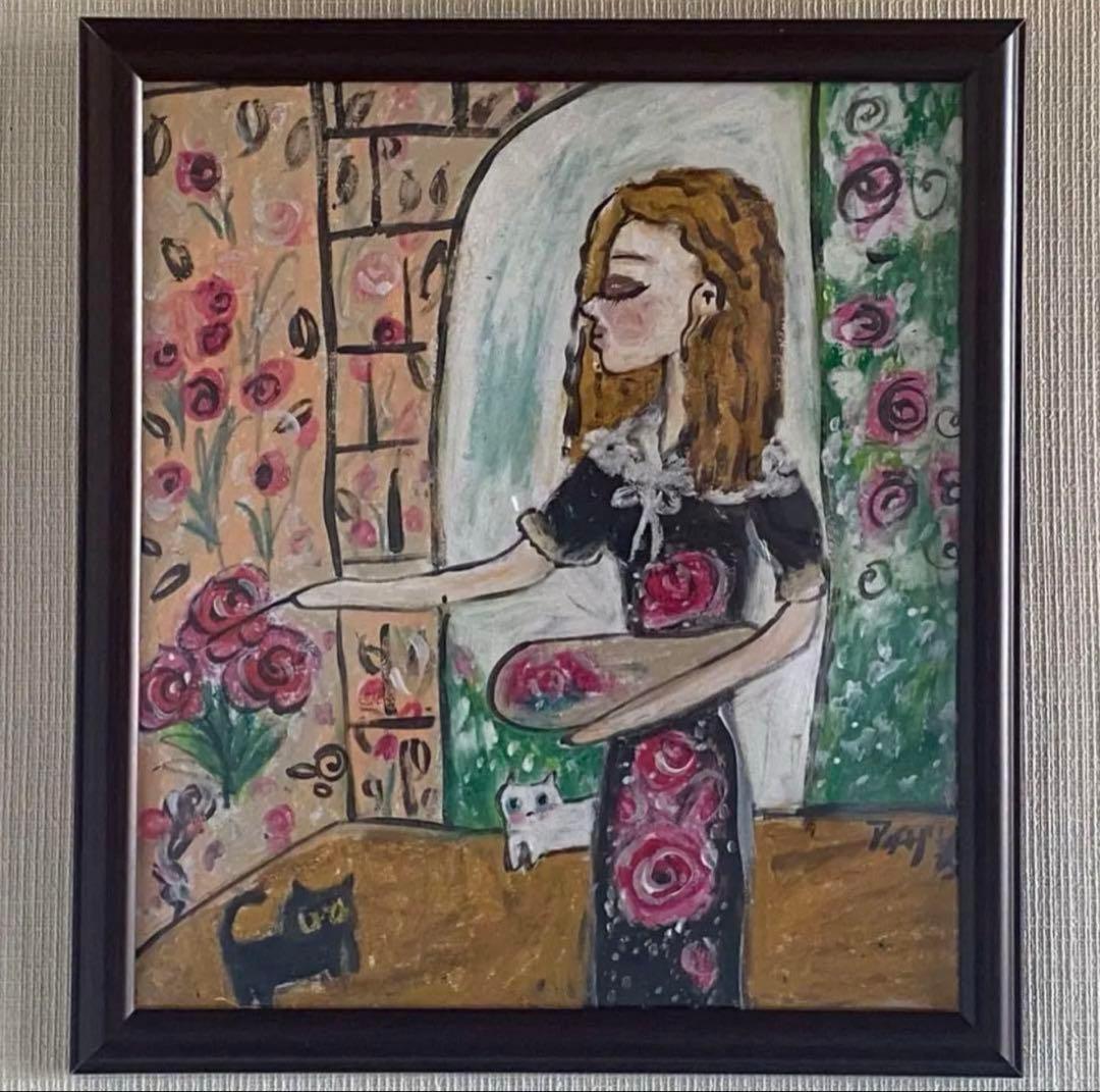 絵画 壁掛け絵【バラの庭で絵を描いている少女と遊んでいるかわいい猫2匹】