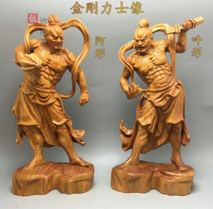 【修縁堂】極上彫 木彫仏像 仁王像 金剛力士像一式 彫刻 仏教工芸 一刀彫 崖柏