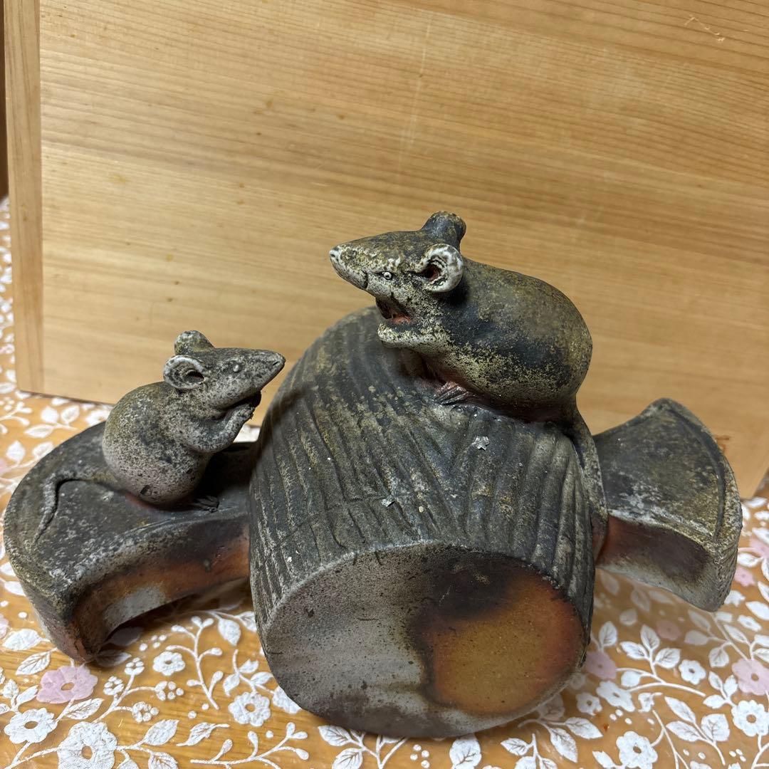 藤原陶臣 備前焼 子置物　打ち出の小槌に鼠