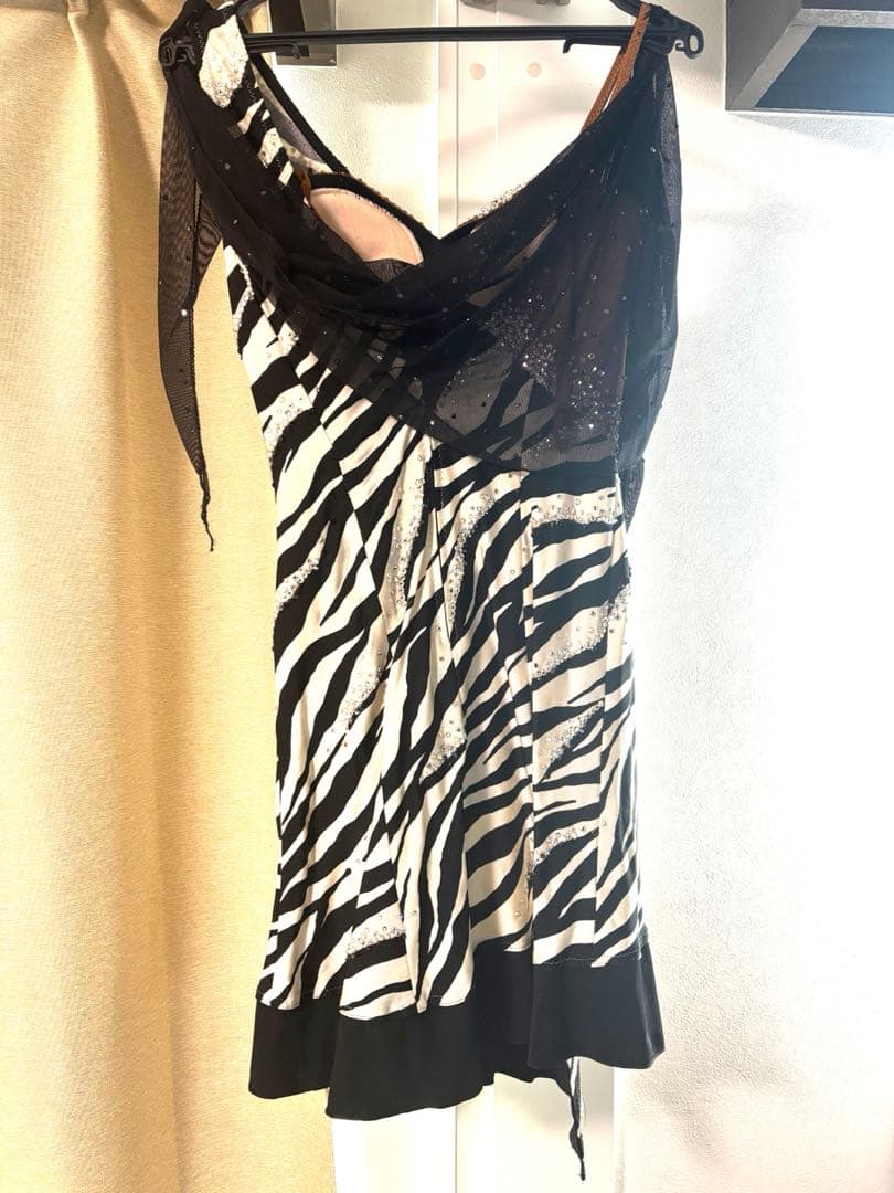 Sサイズ★黒×オフ白/ゼブラ/スワロMIX/ラテンドレス☆社交ダンス