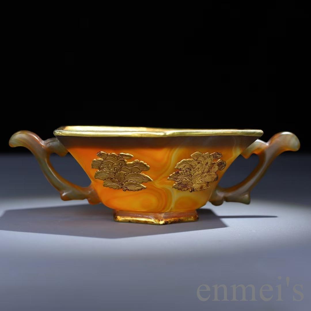 中国古美術 天然瑪瑙嵌 銅製菓子碗 供物器 描金 茶道具 古置物 古賞物 古擺件