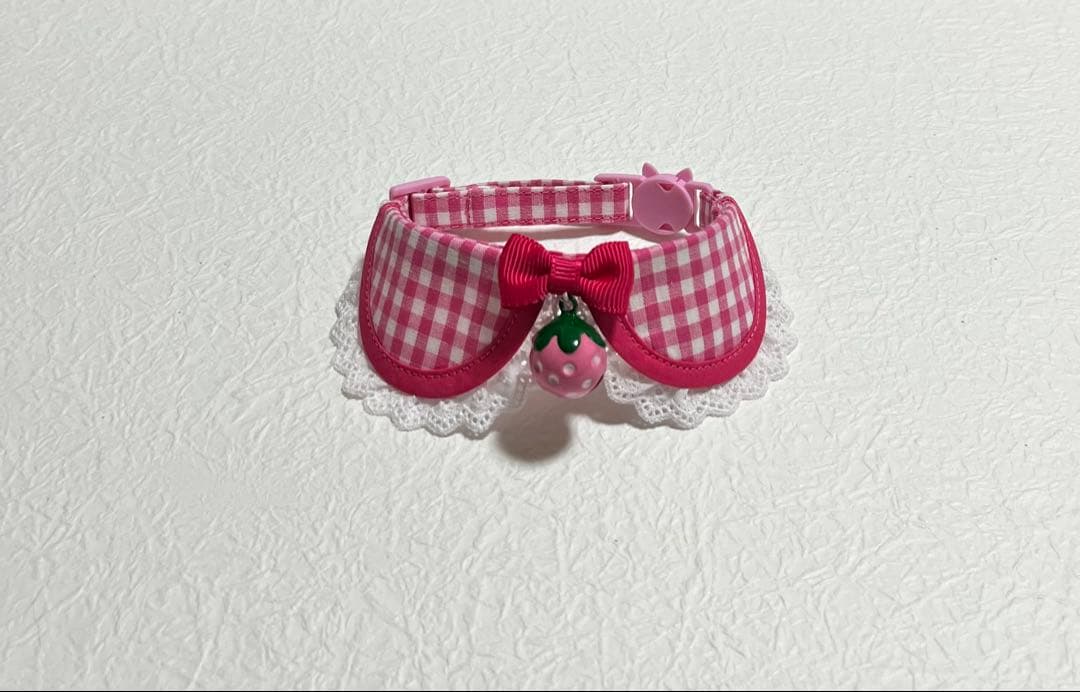 えり付き首輪(ギンガムチェック ピンク いちご鈴付き) Ｎｏ．198-780