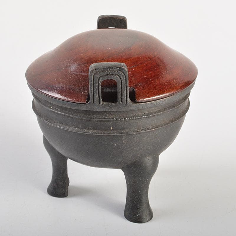 中国　古銅　双耳三つ足鼎　香炉　唐木蓋付　M　R7404